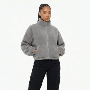 High Level HL Grey Sherpa Fleece Crop Zip up Jacket Warm Soft Fluffy Cozy